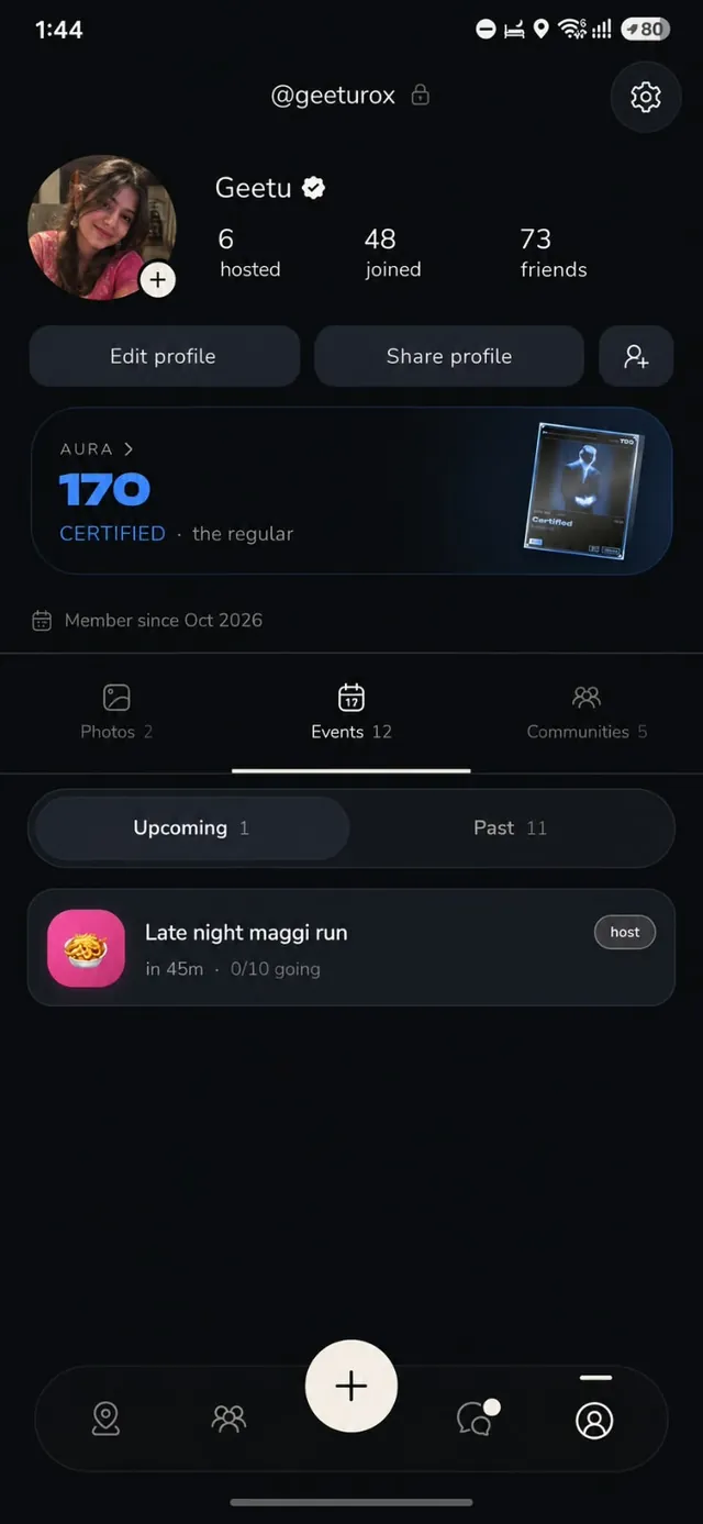 Near app profile showing interests, Aura and upcoming events